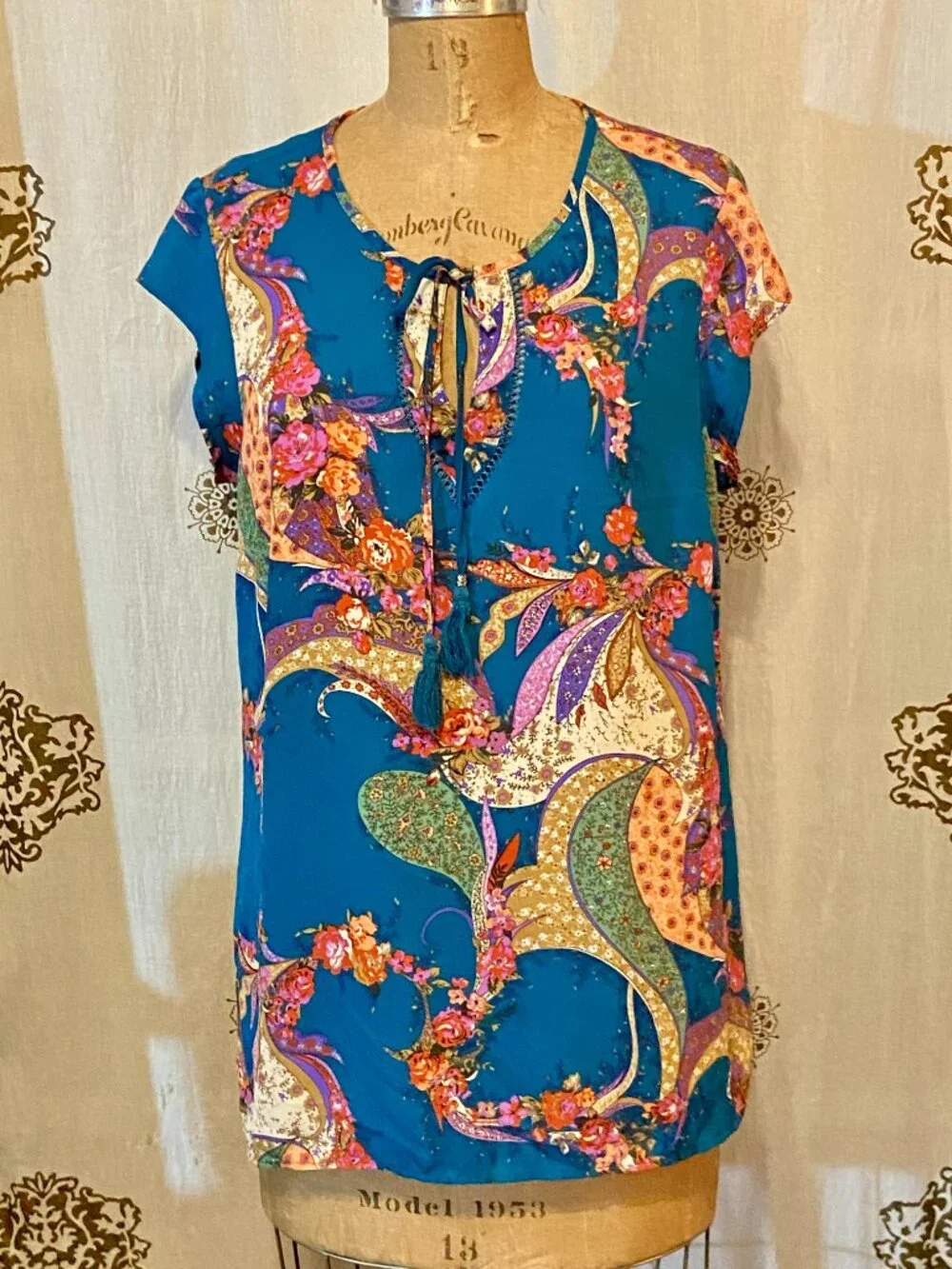 DR2 Paisley Floral Sheer Tunic Top Blue Tassels Feminine Boho Cottagecore L EUC - Picture 2 of 9